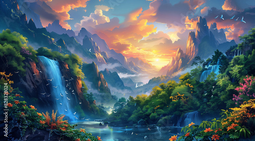 painting of a mountain landscape with a waterfall and birds flying around