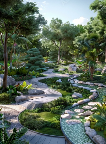 Courtyard with a path, stones and tropical plants