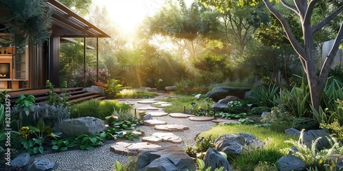 Zen Japanese Garden with Stepping Stones and Trees