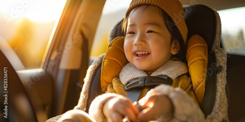 A joyful child in a warm hat and seatbelt enjoys a sunny car ride, captured in the golden glow of a beautiful autumn afternoon.