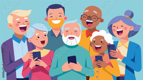 A group of seniors laughing and having fun while learning how to use emojis and filters on their smartphones.. Vector illustration