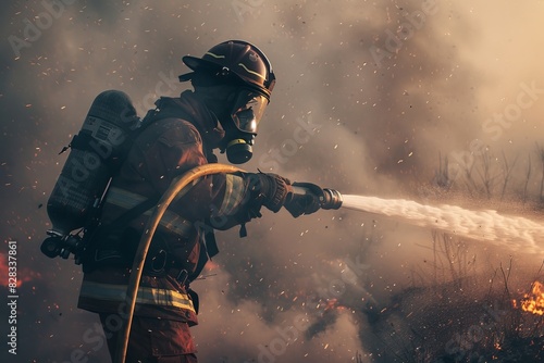 Side view of a firefighter in full gear operating a fire hose in a smokey area