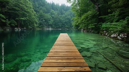 A charming wooden bridge crossing a tranquil river, with vibrant summer wildflowers along the banks and trees in full, verdant bloom, creating a serene and inviting landscape.