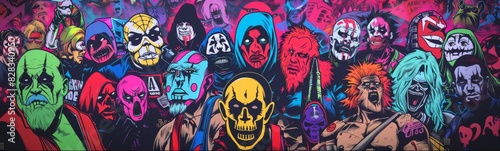 Graffiti art of a group of people with different colored faces, wrestling fans 
