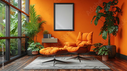 there is a chair and a ottoman in a room with orange walls