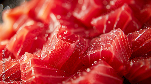 Close-up of fresh tuna sashimi cubes with glistening moisture droplets.