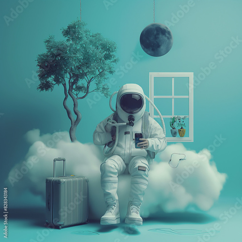 there is a man in a spacesuit sitting on a cloud with a suitcase