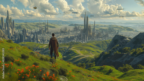 there is a man standing on a hill looking at a city