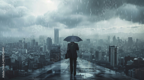 A man walks down a city street with an umbrella, while the sky is cloudy