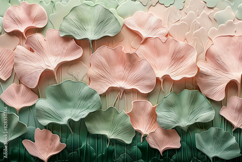 A painting covered with giant 3d embossed paper gingko leaves.Covered with ginkgo leaves The top color is light pink, while the bottom is dark green. This gradient makes the whole image look very soft