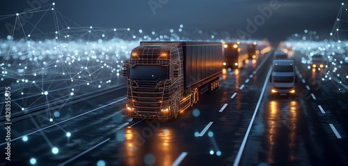Futuristic autonomous trucks drive on a smart highway at night, connected by digital networks and glowing lights in the background.