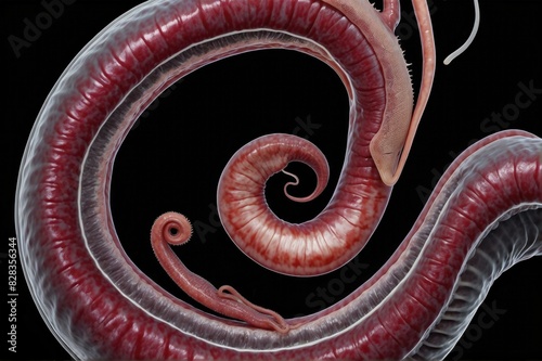 This image shows a close-up of a red worm, a type of roundworm. AI.