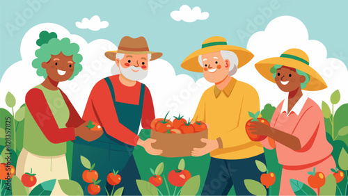 A team of older adults working together to harvest ripe tomatoes from their shared vegetable patch their faces beaming with satisfaction.. Vector illustration