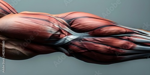 Detailed closeup of muscular mans arm muscles anatomy isolated on grey background. Concept Muscular Anatomy, Close-up Shot, Arm Muscles, Grey Background, Detailed_view