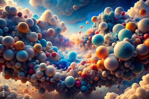 A depiction of a cloud-like formation of molecules, with different sizes and colors blending together, creating an ethereal and abstract molecular landscape.