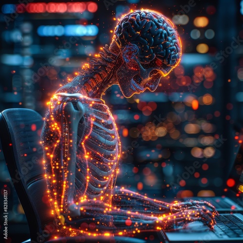 Glowing skeleton with highlighted brain and nerves working at a laptop in a dark, high-tech environment, illustrating mental and physical strain.