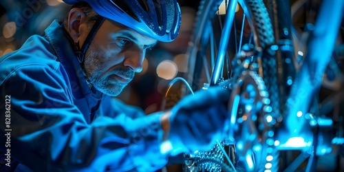 Bicycle mechanic inspecting and repairing bike gears in a workshop. Concept Bicycle Maintenance, Gear Inspection, Workshop Repair, Mechanic Expertise