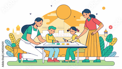  A minimalist line art design of an Indian family playing carrom on a sunny afternoon. Indian Style Vector