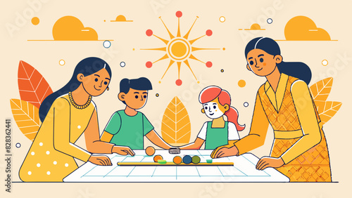  A minimalist line art design of an Indian family playing carrom on a sunny afternoon. Indian Style Vector