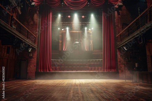 Empty Stage with Theater Curtains and Spotlights