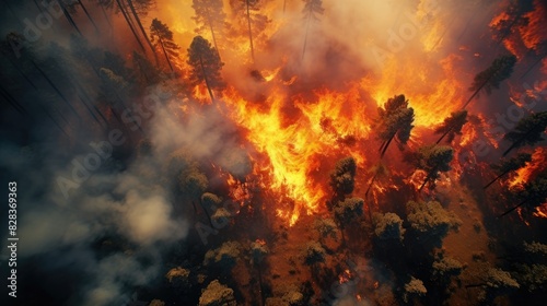 Aerial photography forest fire. Natural disaster.