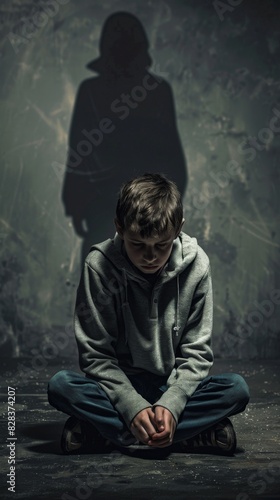 Young boy sitting on the ground with his shadow behind him, bullying concept 