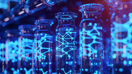 There are three glass beakers with a blue glowing liquid and a structure resembling a brain inside each one.