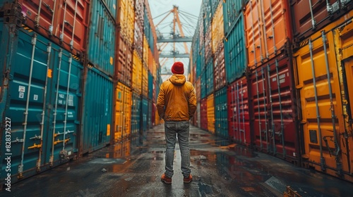 Industrial worker works with co-worker at overseas shipping container yard . Logistics supply chain management and international goods export concept