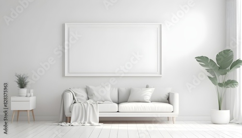 Mock up frame in white home interior background, bright room with minimal decor, 3d render
