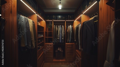 A walk-in closet filled with various clothing items. Suitable for fashion blogs or interior design websites