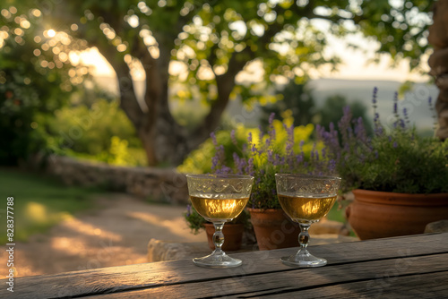 Two glasses of French pastis drink on a table outdoors in a garden in Provence on a sunny summer evening