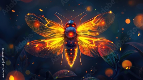 A firefly with glowing wings on a dark background. Suitable for nature and wildlife concepts