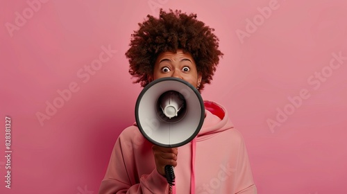 Funny young woman afro hairstyle in hoodie talking with megaphone, proclaiming news, loudly announcing advertisement, warning using loudspeaker to shou