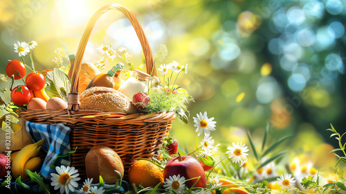 A wicker basket filled with a bottle of milk, eggs, strawberries, and bread sits in a field of grass.