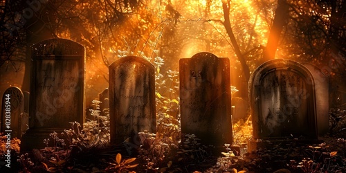 Old weathered gravestones in abandoned cemetery with unknown settlers names spirits linger. Concept Abandoned Cemetery, Weathered Gravestones, Unknown Settlers, Spirits Linger, Mysterious Atmosphere