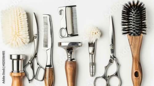 Shaving tools dangerous razor, blades, shaving brush thinning scissors, combs lie on a white background. Barbershop. Hairdresser Accessories 