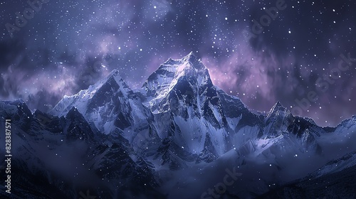 A majestic mountain range stands tall under a stunning night sky filled with stars. The snow-capped peaks shimmer under the ethereal light.