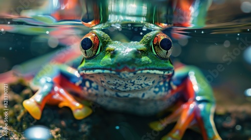 Close-up of a colorful frog swimming under the sea.