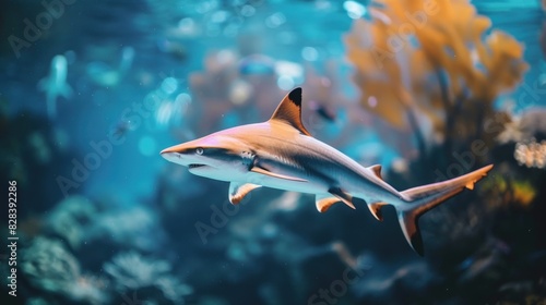 Close-up of a colorful lone shark swimming under the sea.