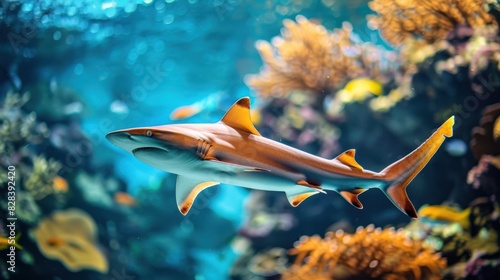 Close-up of a colorful lone shark swimming under the sea.