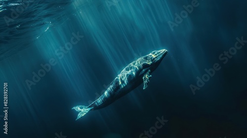 Close-up of a colorful lone whale swimming under the sea.
