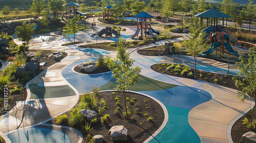 A park with a playground, a pond, and a lot of trees and plants.