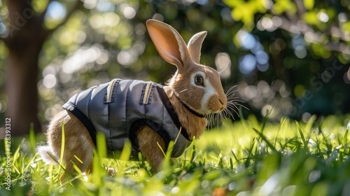 A mannequin rabbit equipped with a cooling vest, placed in a grassy area of a sunny park, illustrating the vesta??s effectiveness for smaller pets.