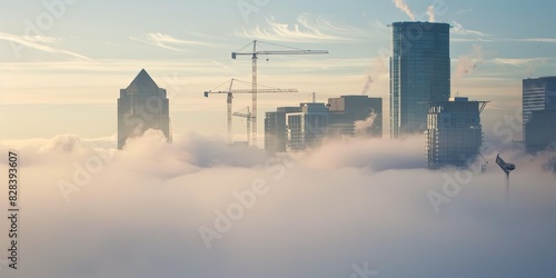 A foggy city skyline featuring high-rise buildings and construction cranes. The cranes are positioned in the background, towering above the mist that envelops the lower part of the city.