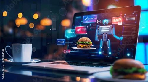 Seamless smart order food or auto reserve seat on social media app platform ask talk or text advice robot meal dining booking retail on laptop. AI chat bot help people for small SME asia B2C CRM IOT. 