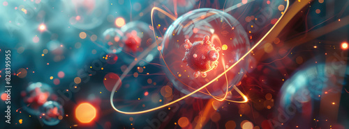 Abstract depiction of atoms with glowing particles and orbiting electrons.