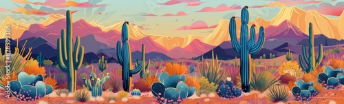 Illustration of a desert landscape with cactus plants and mountains