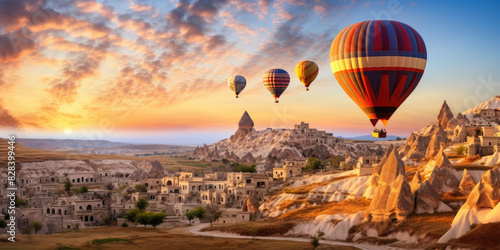 Hot air balloons floating over the rocks