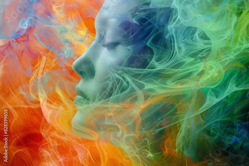 Brightly colored photograph of a woman's face with smoke swirling around her