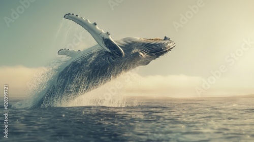 A humpback whale breaches the surface, soaring out of the water with grace and power